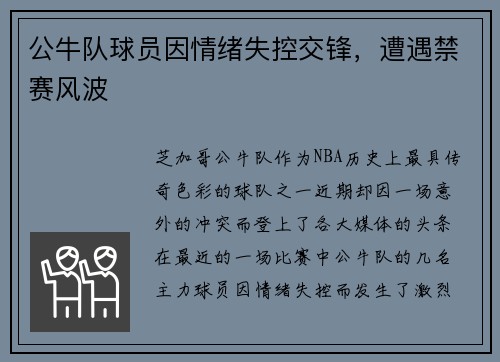 公牛队球员因情绪失控交锋，遭遇禁赛风波